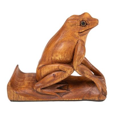 Alternate image for Balinese Handcrafted Frog-Themed Jempinis Wood Phone Stand Pensive Frog