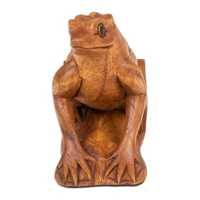 Alternate image for Balinese Handcrafted Frog-Themed Jempinis Wood Phone Stand Pensive Frog