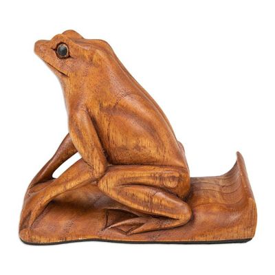 Alternate image for Balinese Handcrafted Frog-Themed Jempinis Wood Phone Stand Pensive Frog