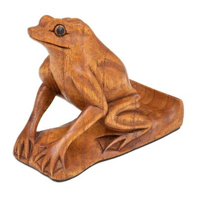 Alternate image for Balinese Handcrafted Frog-Themed Jempinis Wood Phone Stand Pensive Frog