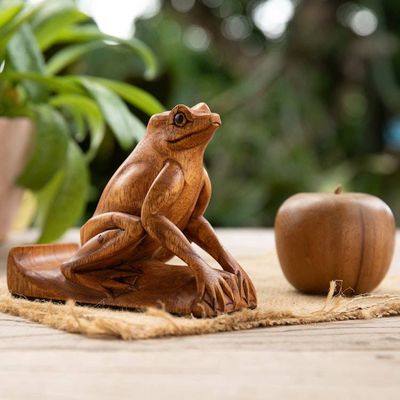 Alternate image for Balinese Handcrafted Frog-Themed Jempinis Wood Phone Stand Pensive Frog