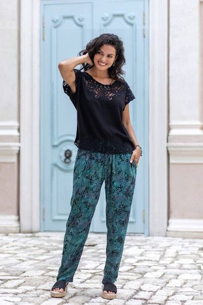 Alternate image for Hand-Stamped Batik Rayon Pants from Bali with Leaf Motif Slate Leaves