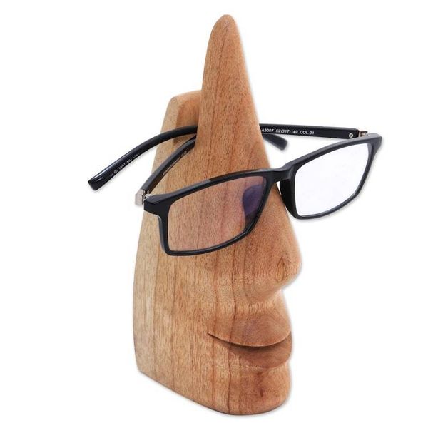 Alternate image for Whimsical Brown Hand Carved Wood Face Eyeglasses Holder Nosing Around