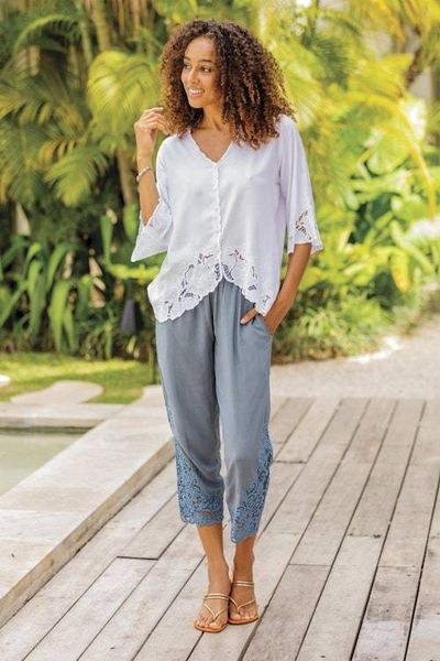Alternate image for Floral Embroidered Rayon Pants in Smoke from Bali Smoke Padma Flower