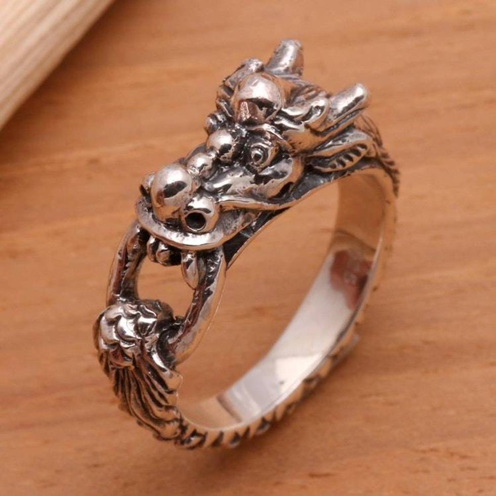 Men's Sterling Silver Band Ring 'Flying Dragon'