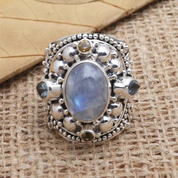 Alternate image for Blue Topaz and Rainbow Moonstone Cocktail Ring Pale Frangipani