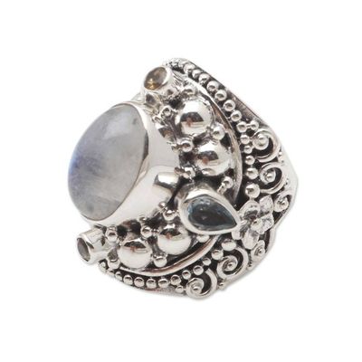 Alternate image for Blue Topaz and Rainbow Moonstone Cocktail Ring Pale Frangipani