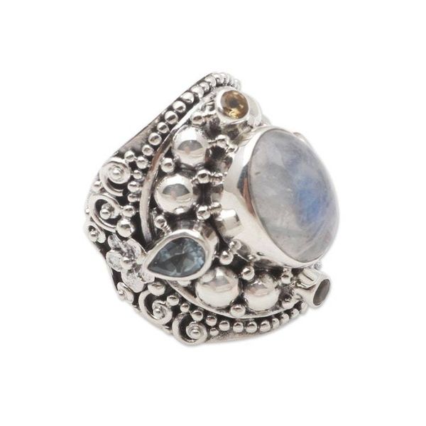 Alternate image for Blue Topaz and Rainbow Moonstone Cocktail Ring Pale Frangipani