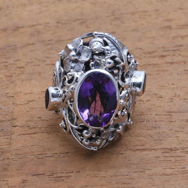 Alternate image for Unique Sterling Silver and Amethyst Cocktail Ring Frangipani Butterfly