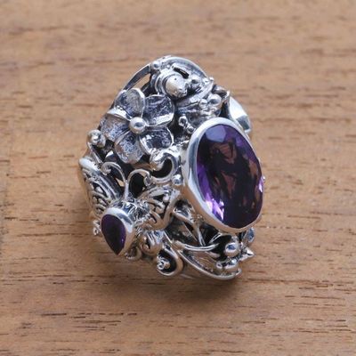Alternate image for Unique Sterling Silver and Amethyst Cocktail Ring Frangipani Butterfly