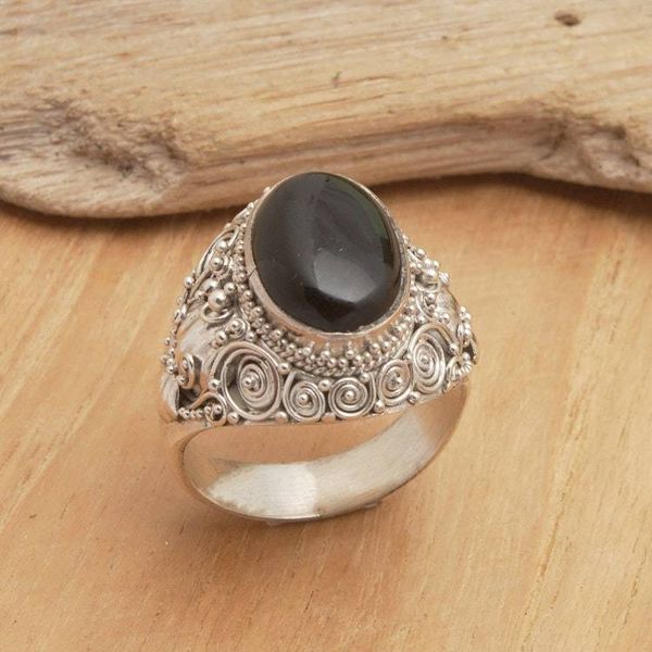 Alternate image for Balinese Sterling Silver Cocktail Ring with Onyx Cabochon Mystic Breeze