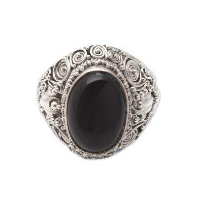Alternate image for Balinese Sterling Silver Cocktail Ring with Onyx Cabochon Mystic Breeze