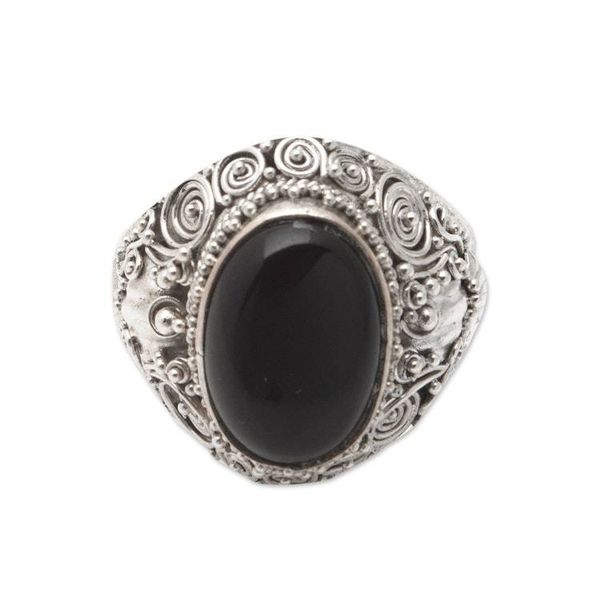 Alternate image for Balinese Sterling Silver Cocktail Ring with Onyx Cabochon Mystic Breeze