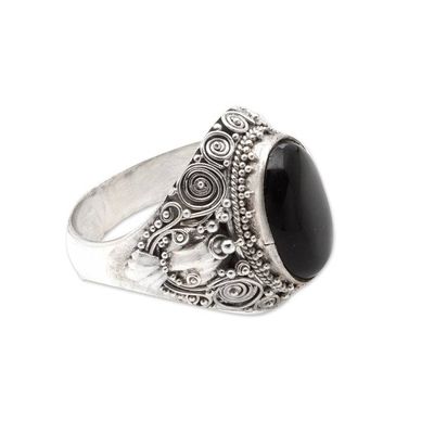 Alternate image for Balinese Sterling Silver Cocktail Ring with Onyx Cabochon Mystic Breeze