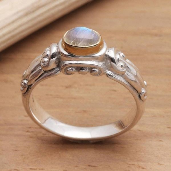 Alternate image for Silver and Rainbow Moonstone Solitaire Ring Swirls and Twirls
