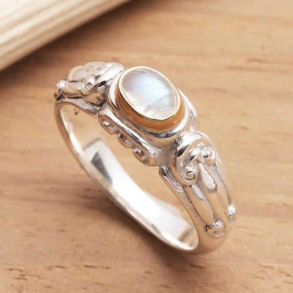 Alternate image for Silver and Rainbow Moonstone Solitaire Ring Swirls and Twirls