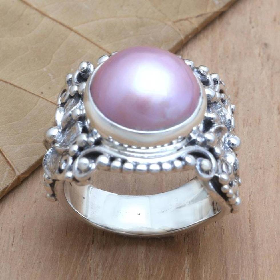 Pink Cultured Pearl and Sterling Silver Cocktail Ring 'Soft Glow in pink'
