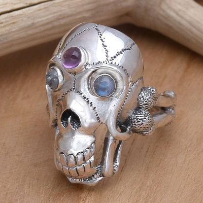 Alternate image for Mens Indonesian Silver and Amethyst Skull Ring Immortal