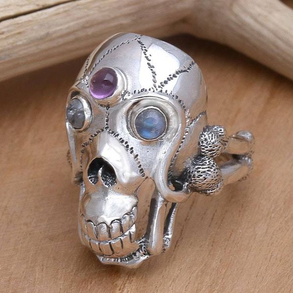 Alternate image for Mens Indonesian Silver and Amethyst Skull Ring Immortal