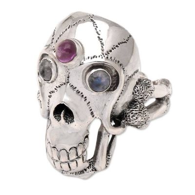 Alternate image for Mens Indonesian Silver and Amethyst Skull Ring Immortal