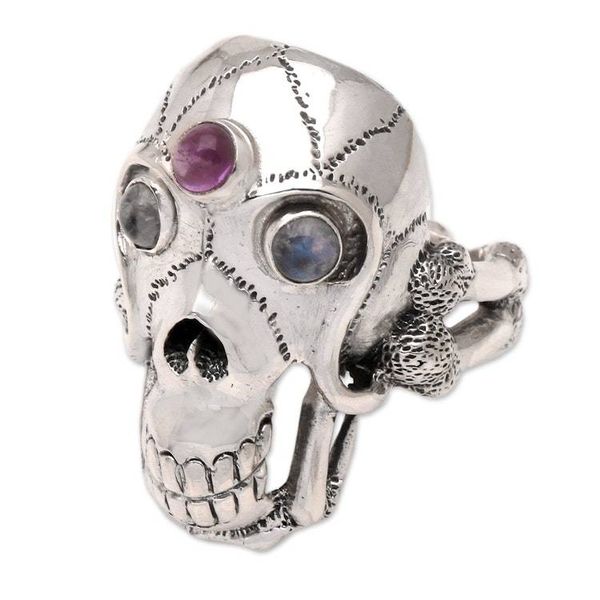 Alternate image for Mens Indonesian Silver and Amethyst Skull Ring Immortal