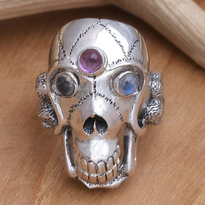 Alternate image for Mens Indonesian Silver and Amethyst Skull Ring Immortal