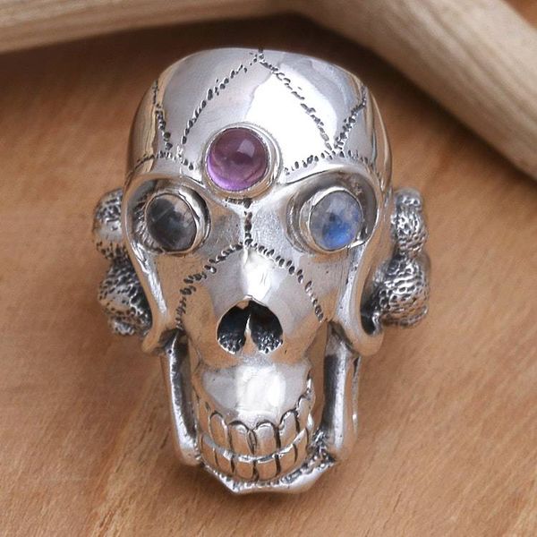 Alternate image for Mens Indonesian Silver and Amethyst Skull Ring Immortal