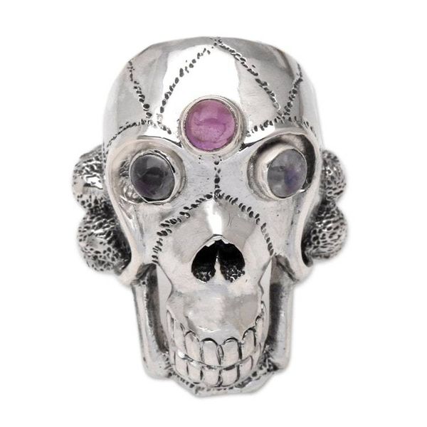 Alternate image for Mens Indonesian Silver and Amethyst Skull Ring Immortal