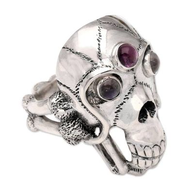 Alternate image for Mens Indonesian Silver and Amethyst Skull Ring Immortal