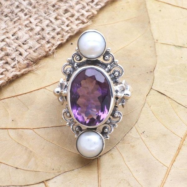 Alternate image for Cultured pearl and amethyst ring Frangipani Queen
