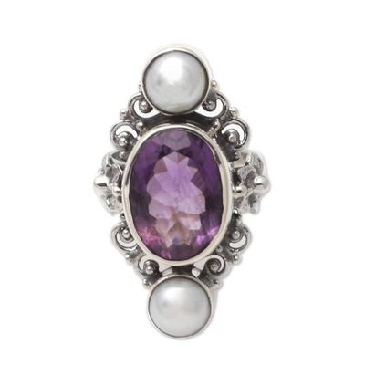 Alternate image for Cultured pearl and amethyst ring Frangipani Queen