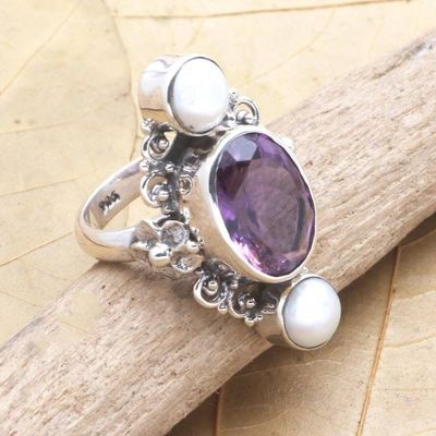 Alternate image for Cultured pearl and amethyst ring Frangipani Queen