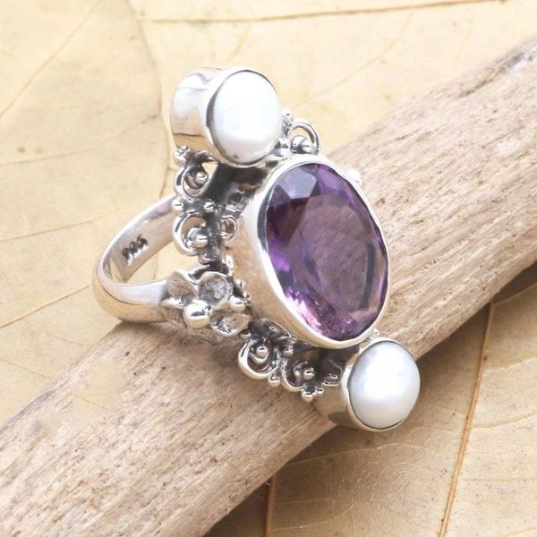 Alternate image for Cultured pearl and amethyst ring Frangipani Queen