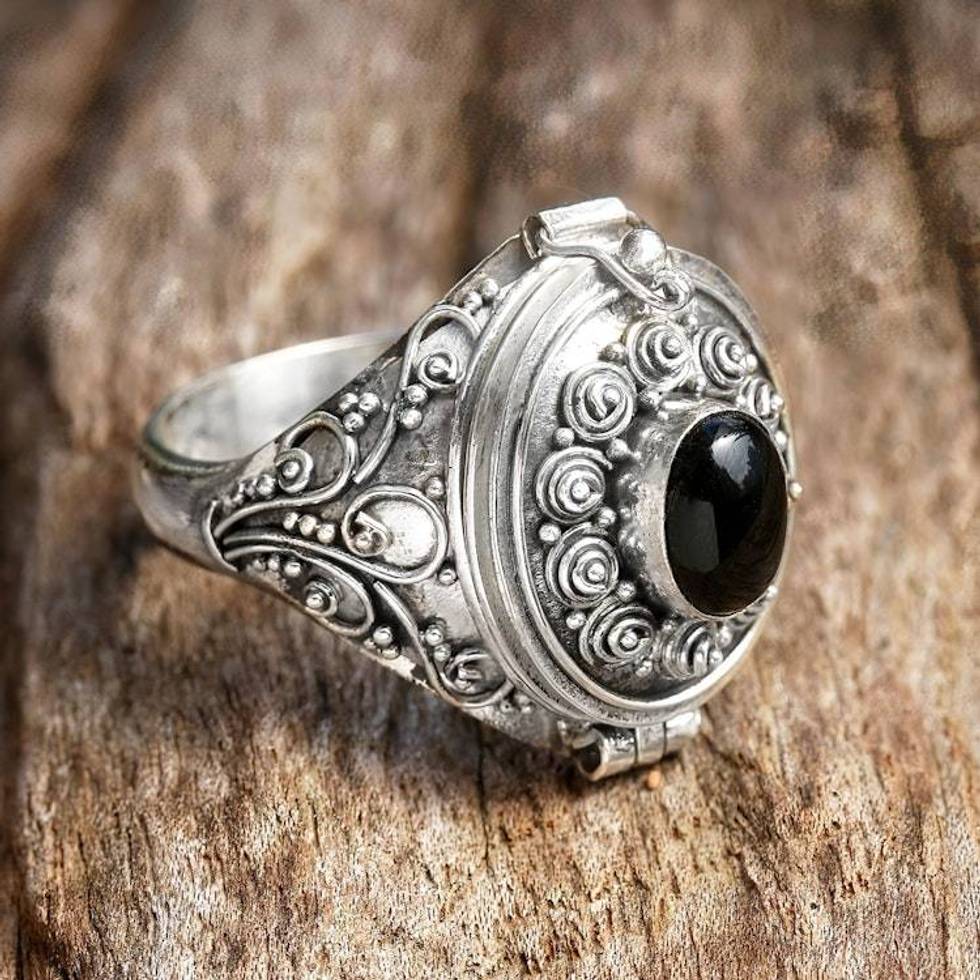 Sterling Silver and Onyx Locket Ring 'Careful Heart'