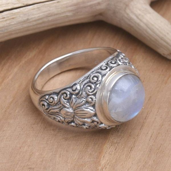 Alternate image for Rainbow Moonstone and Sterling Silver Ring from Bali Sacred Lotus