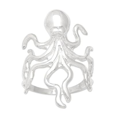 Alternate image for Unisex Sterling Silver Octopus Cocktail Ring from Bali Octopus Charm