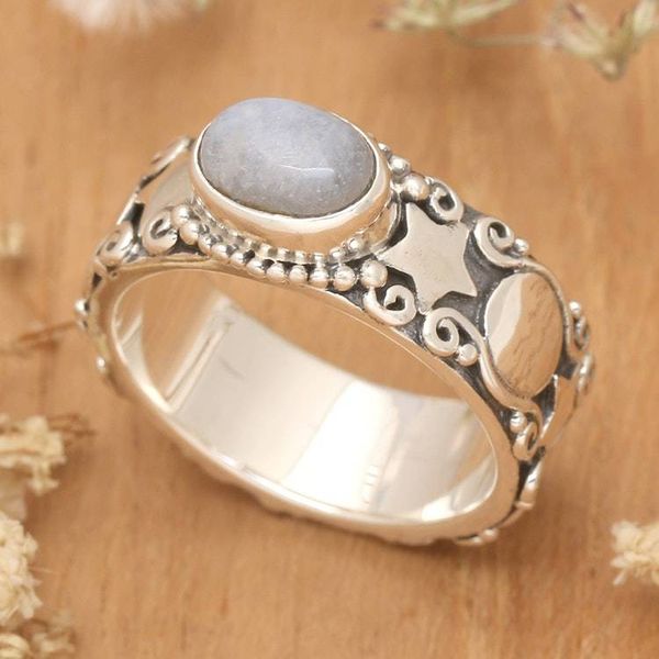 Alternate image for Star-Themed Natural Rainbow Moonstone Cocktail Ring Moon and Constellation