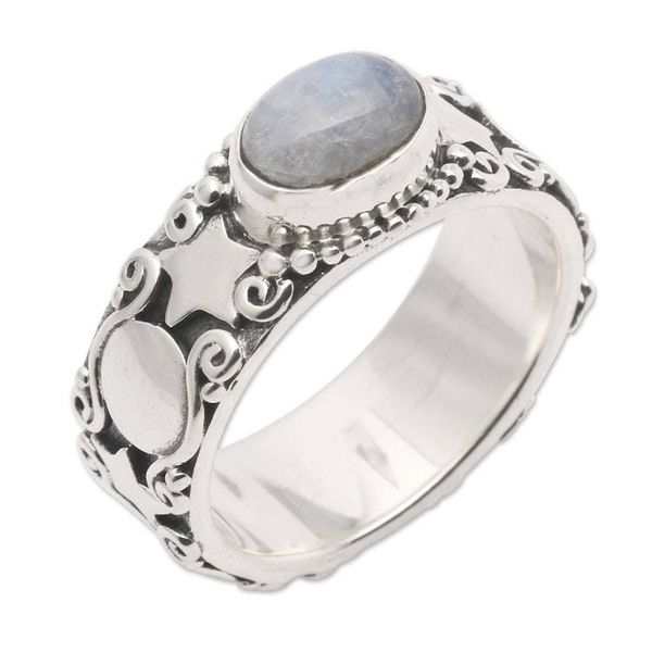 Alternate image for Star-Themed Natural Rainbow Moonstone Cocktail Ring Moon and Constellation