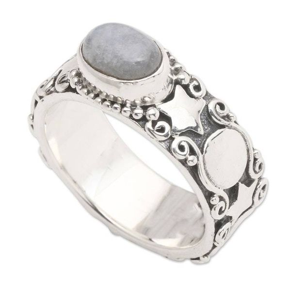 Alternate image for Star-Themed Natural Rainbow Moonstone Cocktail Ring Moon and Constellation