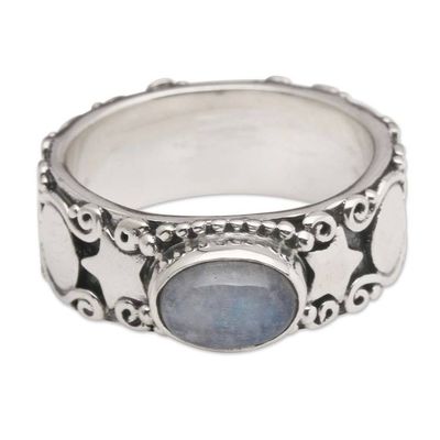 Alternate image for Star-Themed Natural Rainbow Moonstone Cocktail Ring Moon and Constellation