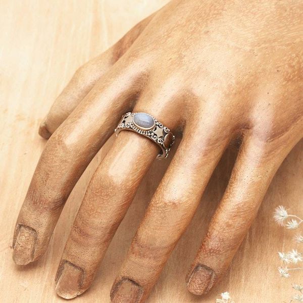 Alternate image for Star-Themed Natural Rainbow Moonstone Cocktail Ring Moon and Constellation