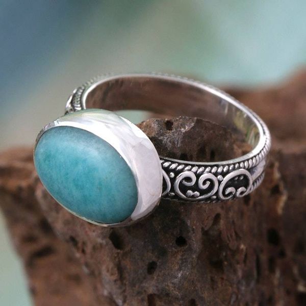 Alternate image for Sterling Silver Cocktail Ring with Cabochon Amazonite Stone Ocean Luster