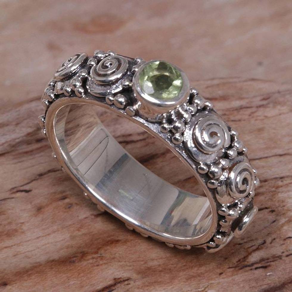 Peridot and Sterling Silver Single Stone Ring from Indonesia 'Swirls of Joy in Green'