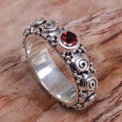 Main image for Garnet and Sterling Silver Single Stone Ring from Indonesia Swirls of Joy in Red