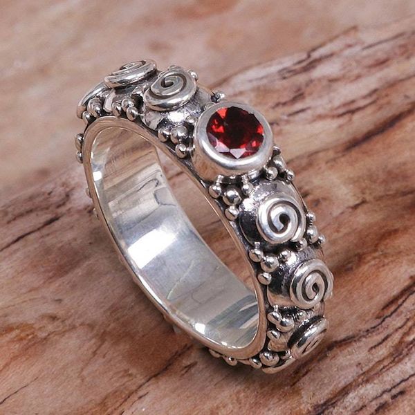 Alternate image for Garnet and Sterling Silver Single Stone Ring from Indonesia Swirls of Joy in Red