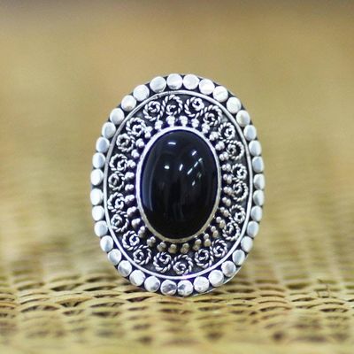 Primary image for Sterling Silver and Onyx Cocktail Ring Majesty Halo