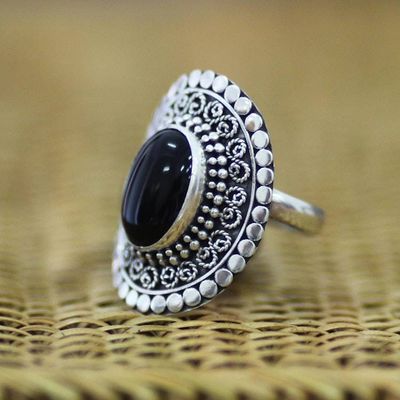Alternate image for Sterling Silver and Onyx Cocktail Ring Majesty Halo
