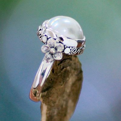 Alternate image for Pearl and Sterling Silver Floral Ring Bridal Moon