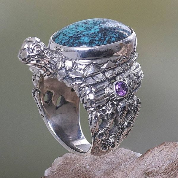 Alternate image for Sterling Silver and Reconstituted Turquoise Ring Teal Turtle