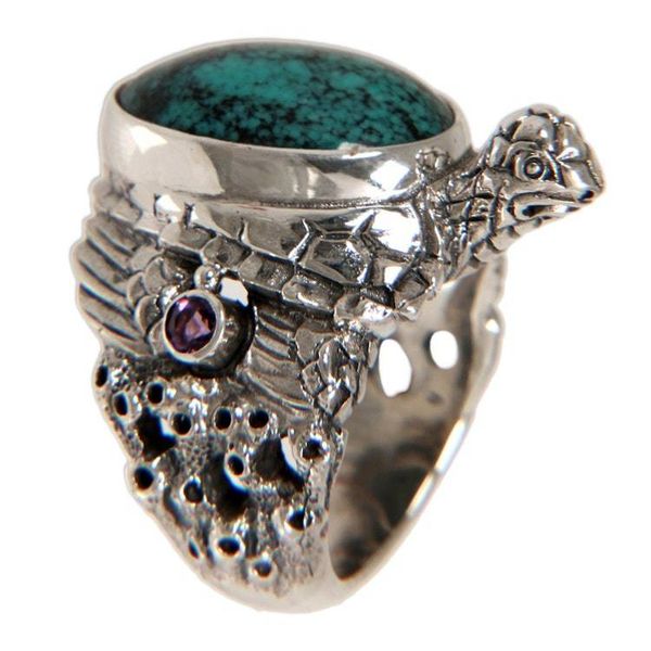 Alternate image for Sterling Silver and Reconstituted Turquoise Ring Teal Turtle